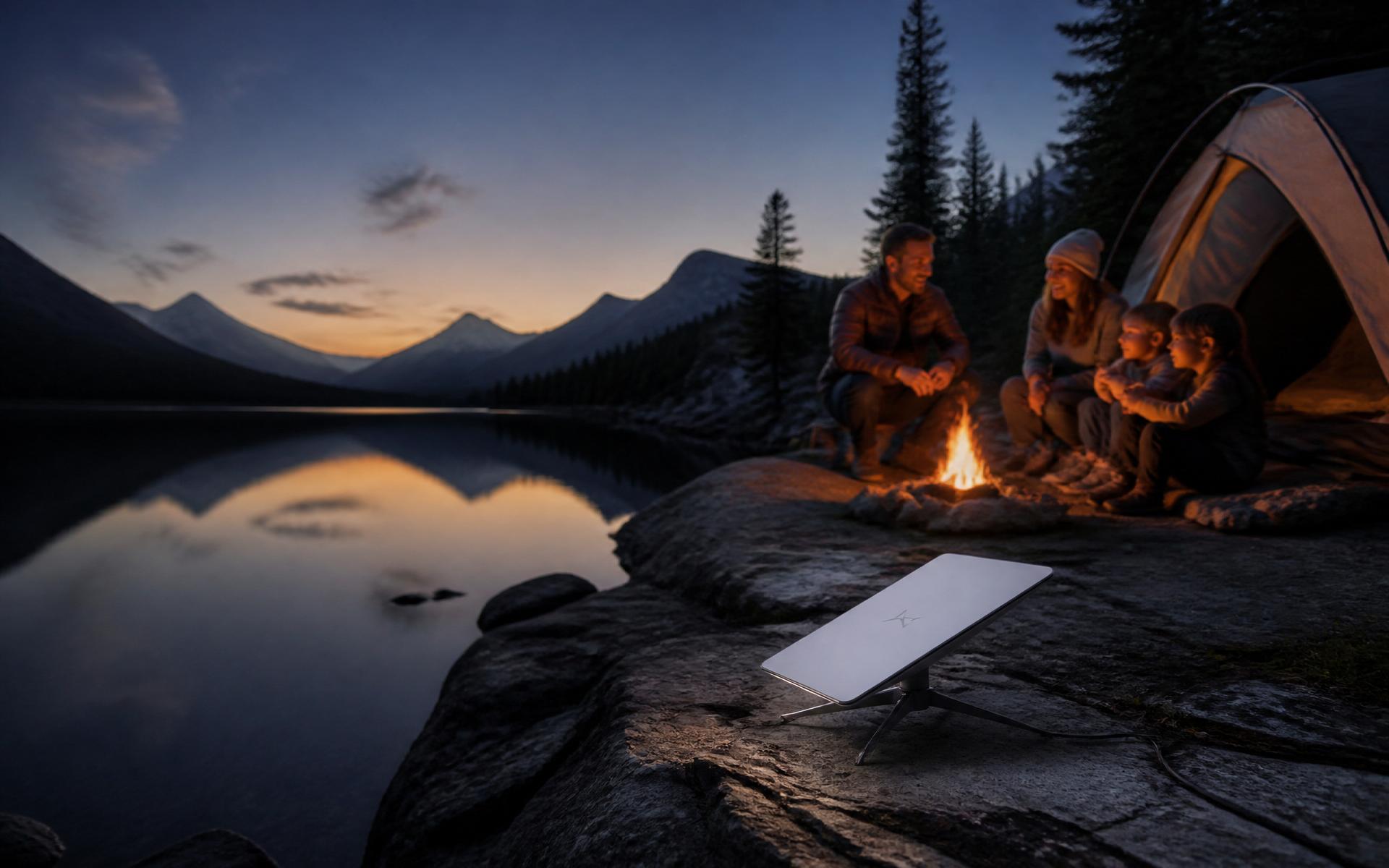 Family camping with Starlink Mini connected under the stars