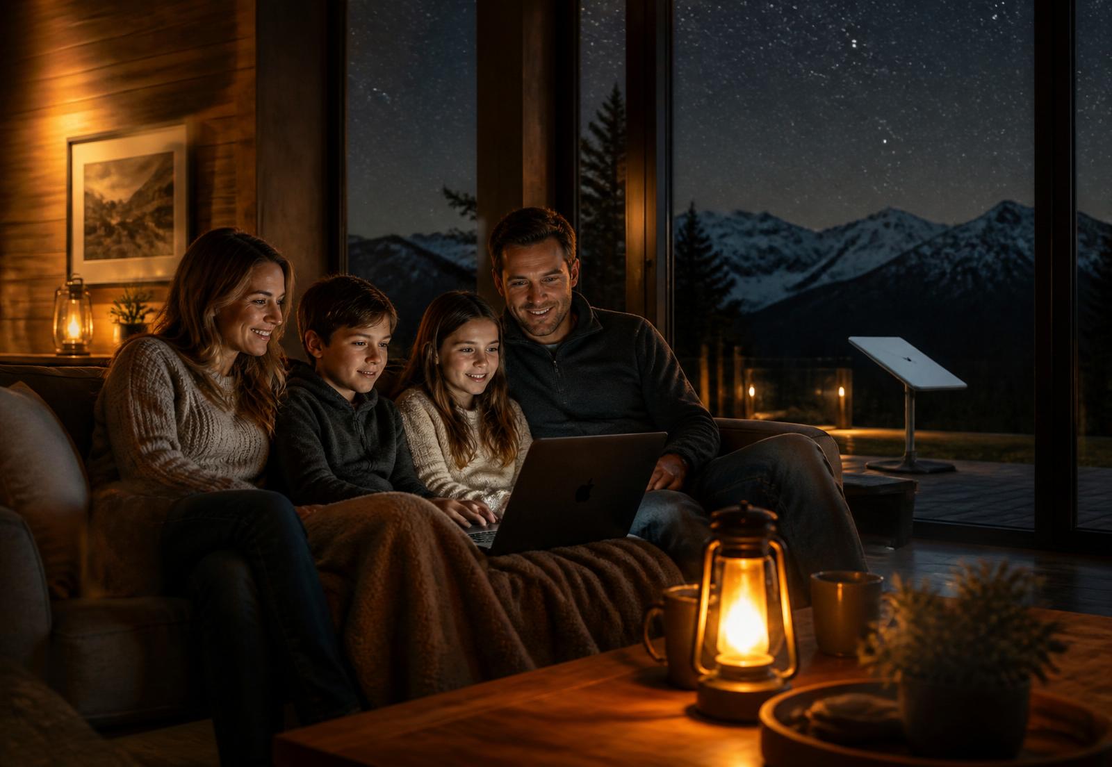 Family evening in a remote cabin with connectivity